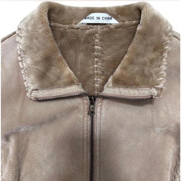 Vintage Genuine Suede Tan Boho Patchwork Womans Zip Faux Fur Lined Jacket Coat S - Picture 4 of 7